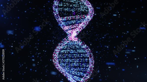 Close up abstract glittering DNA double helix with depth of field animation of DNA construction medical chromosomes physical science blue scientific test code genomic slow motion photo