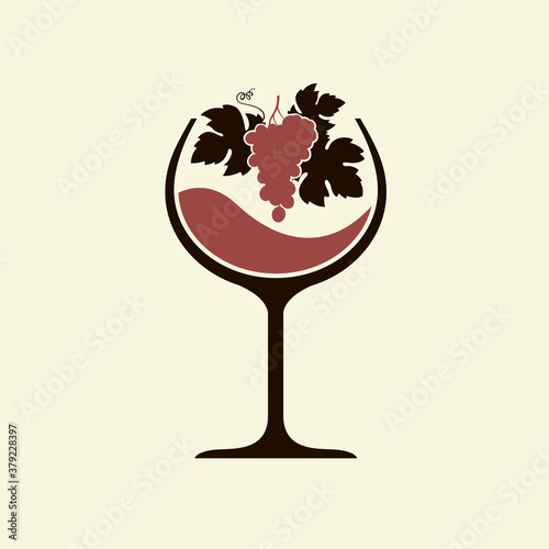 red wine glass emblem with bunch of grapes isolated