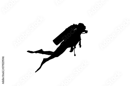 Woman scuba diving in black and white silhouette shape