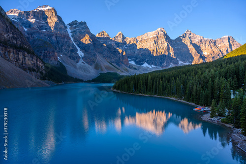 The iconic Moraine Lake, which is one of the most popular travel destination and outdoor activity in Banff National Park of Canada