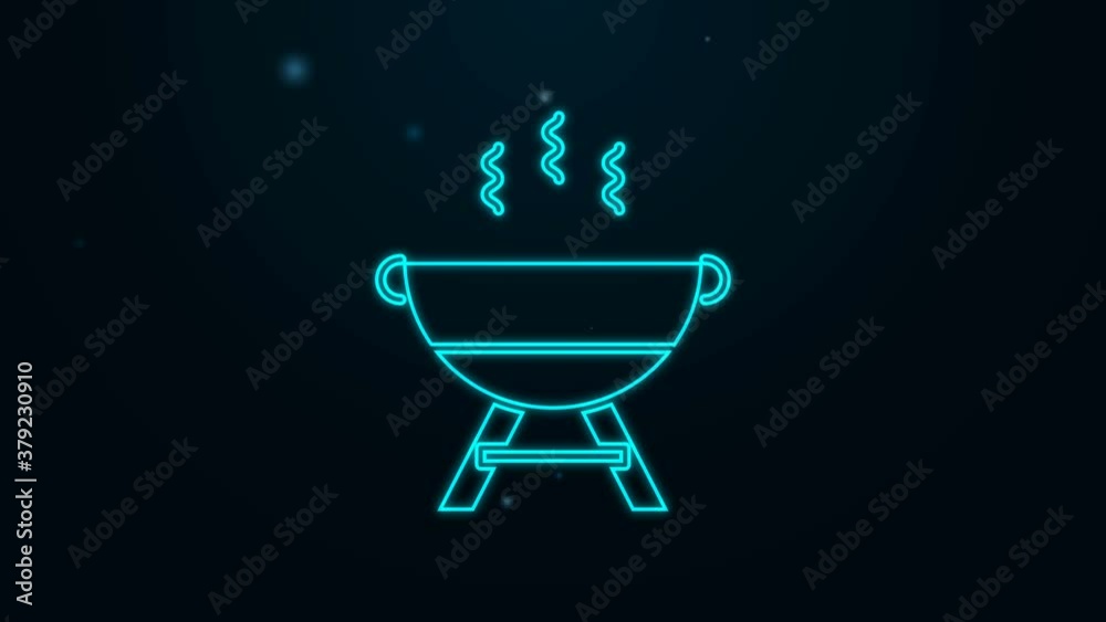 Glowing neon line Barbecue grill icon isolated on black background. BBQ grill party. 4K Video motion graphic animation Glowing neon line Barbecue grill icon isolated on black background. BBQ grill party. 4K Video motion graphic animation