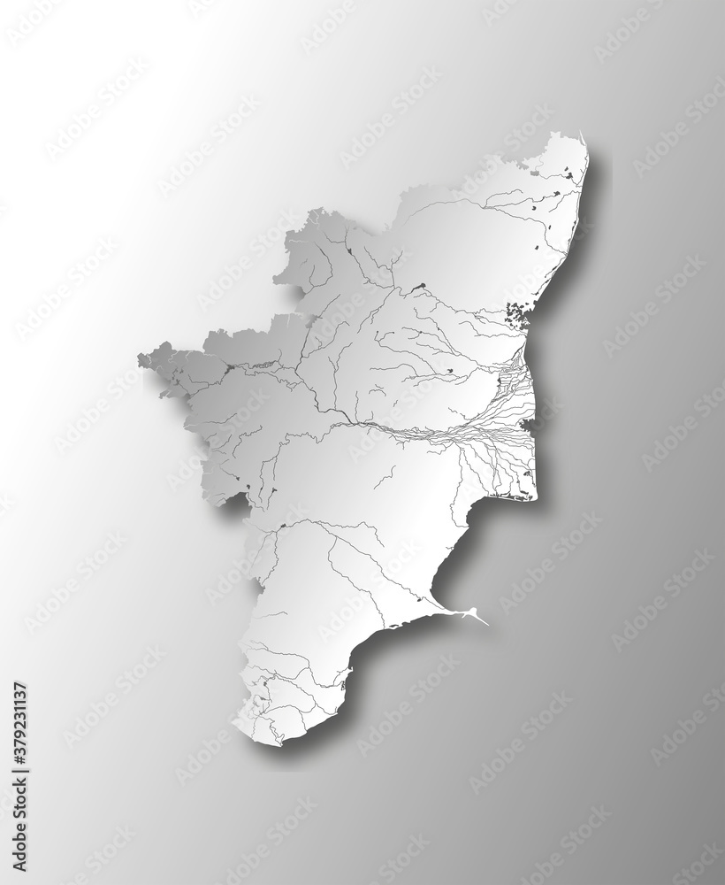 India states - map of Tamil Nadu with paper cut effect. Rivers and lakes are shown. Please look at my other images of cartographic series - they are all very detailed and carefully drawn by hand WITH 