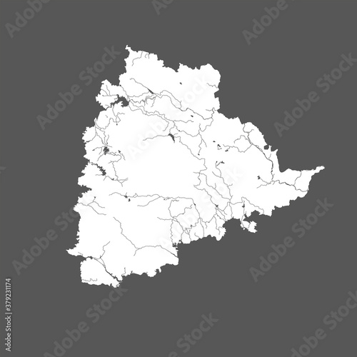 India states - map of Telangana. Hand made. Rivers and lakes are shown. Please look at my other images of cartographic series - they are all very detailed and carefully drawn by hand WITH RIVERS AND L