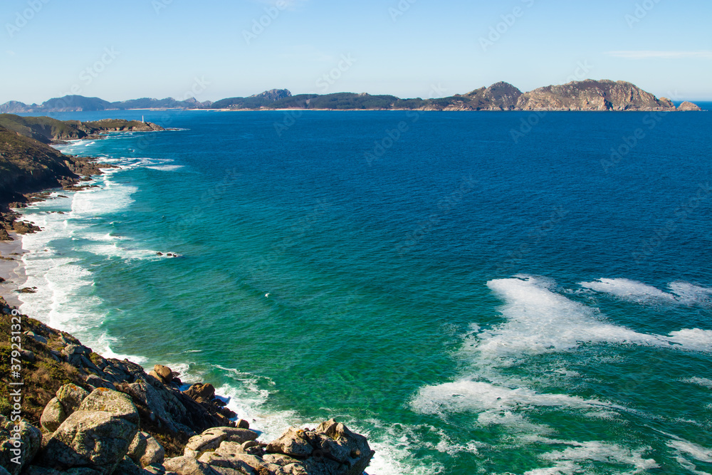 panoramic landscape of Cabo Home in Pontevedra, Galicia, with the Cies Islands