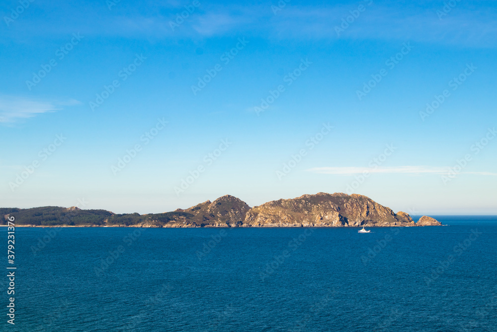 panoramic landscape of Cabo Home in Pontevedra, Galicia, with the Cies Islands panoramic landscape of Cabo Home in Pontevedra, Galicia, with the Cies Islands