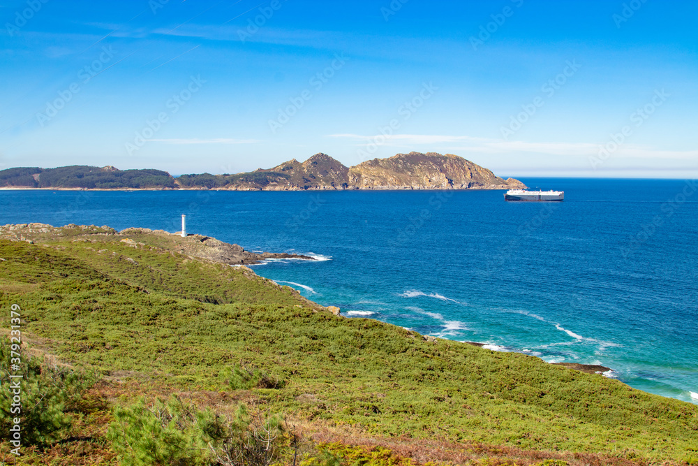 panoramic landscape of Cabo Home in Pontevedra, Galicia, with the Cies Islands panoramic landscape of Cabo Home in Pontevedra, Galicia, with the Cies Islands