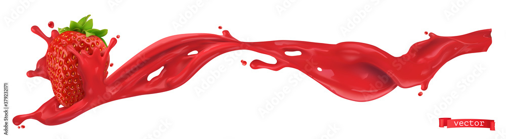 Red sweet splash and strawberry. 3d realistic vector illustration - obrazy, fototapety, plakaty 