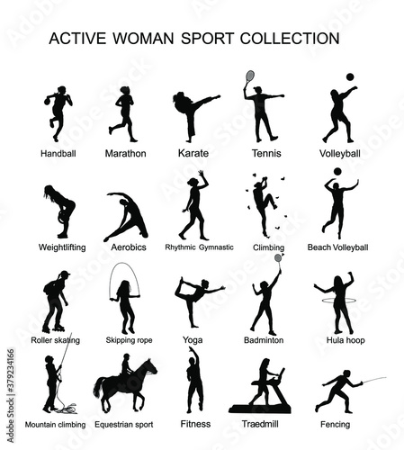 Sport woman vector silhouette collection in different sport discipline. Big set active sport people. Girl athlete skills. Female health care concept. Training and work out lady in gym or outdoor.