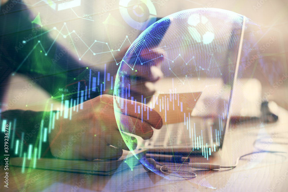 custom made wallpaper toronto digitalDouble exposure of man's hands holding and using a phone and financial graph drawing. Analysis concept.