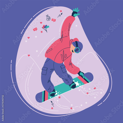 Snowboarder in a jump. Vector illustration isolated on a purple background. Postcard, poster, banner