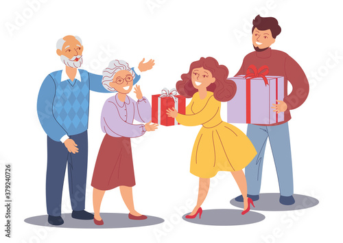 A YOUNG FAMILY GIVES GIFTS TO ITS PARENTS. CHARACTERS DESIGN ISOLATED ON WHITE BACKGROUND