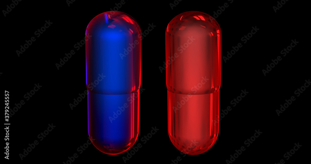 3D illustration of Blue pill on the left and Red pill on the right in front  of black background. Concept of choice Illustration Stock | Adobe Stock