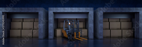 Forklift truck in warehouse or storage loading cardboard boxes. 3d rendering  © lchumpitaz