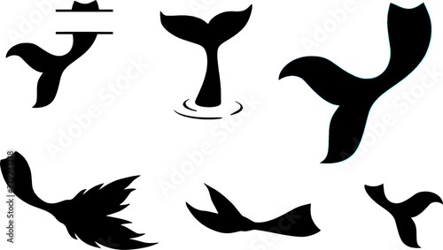 Mermaid tails, fishes, starfishes, shell silhouettes. Marine elements. Vector illustrations isolated on white background.