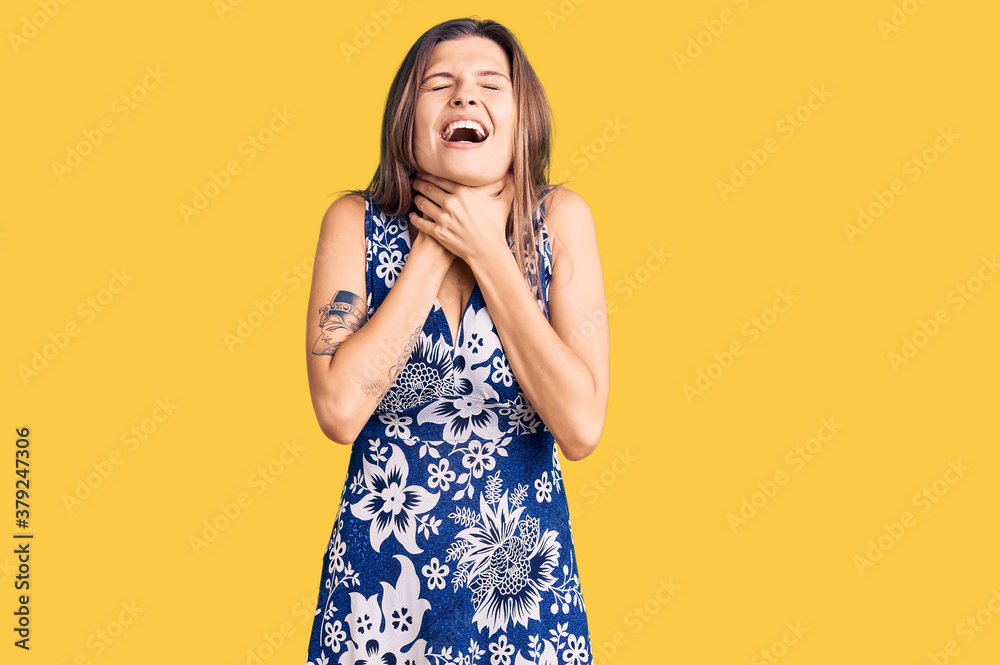 Beautiful caucasian woman wearing summer dress shouting and suffocate because painful strangle. health problem. asphyxiate and suicide concept. Beautiful caucasian woman wearing summer dress shouting and suffocate because painful strangle. health problem. asphyxiate and suicide concept.