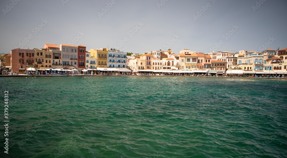 A panoramic image of the old harbour area in Chania, Crete.