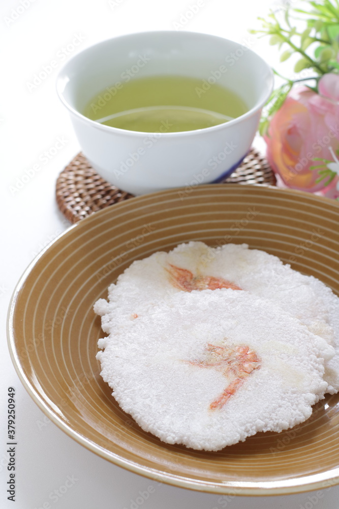 Japanese food, shrimp rice cracker wagashi on dish