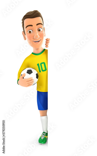 3d soccer player yellow jersey with ball behind blank wall