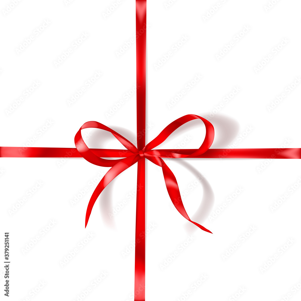 Red bow made of narrow crosswise ribbon with shadow on white background. Criss-cross arrangement Red bow made of narrow crosswise ribbon with shadow on white background. Criss-cross arrangement