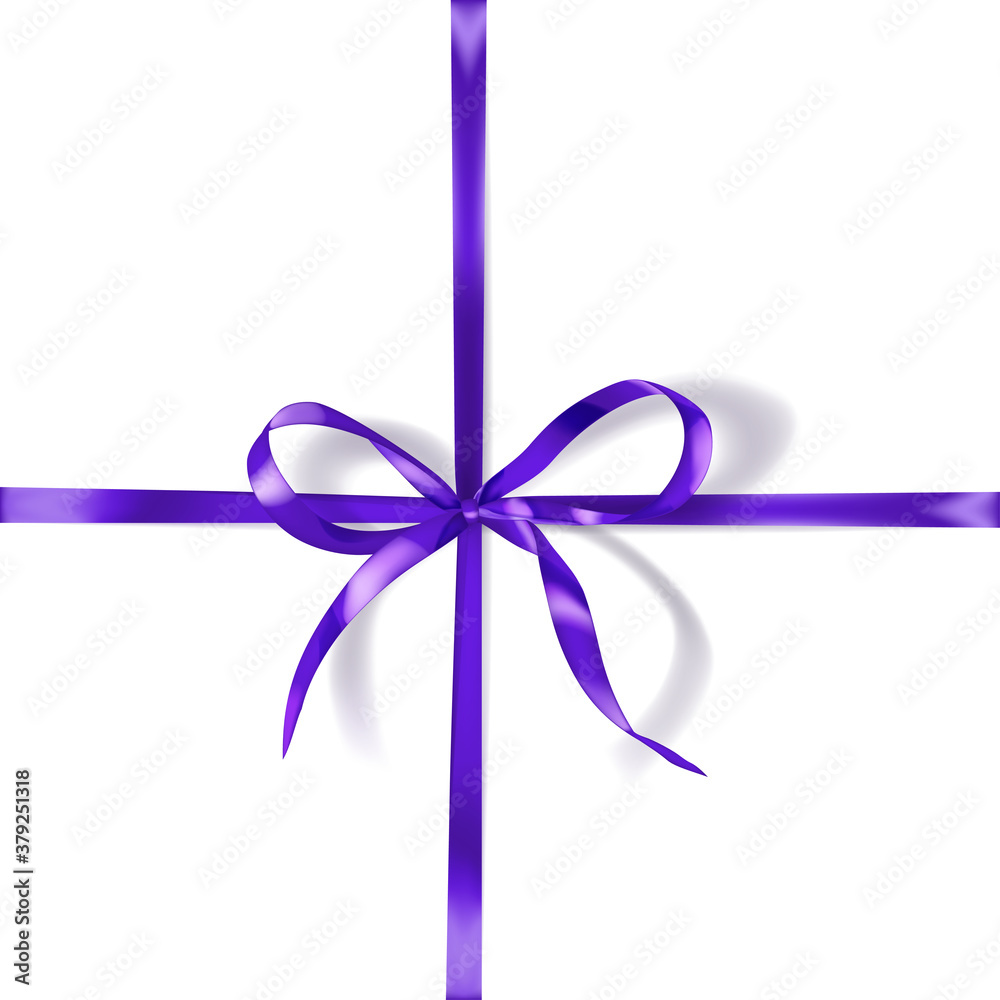 Purple bow made of narrow crosswise ribbon with shadow on white background. Criss-cross arrangement Purple bow made of narrow crosswise ribbon with shadow on white background. Criss-cross arrangement