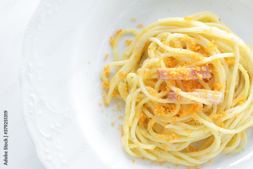 Italian food, gourmet Mullet roe Karasumi pasta Italian food, gourmet Mullet roe Karasumi pasta