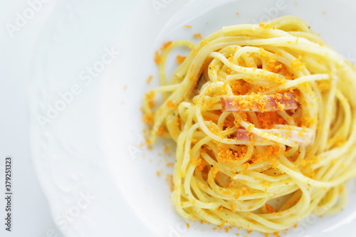 Italian food, gourmet Mullet roe Karasumi pasta