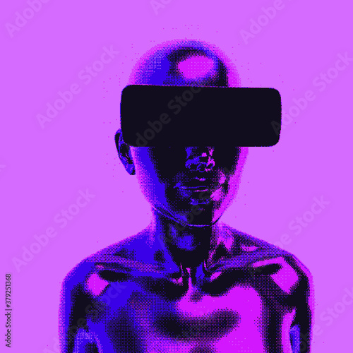 Woman in VR glasses in pixel art style. Retrofuturistic illustration for cover, poster and t-shirt print.