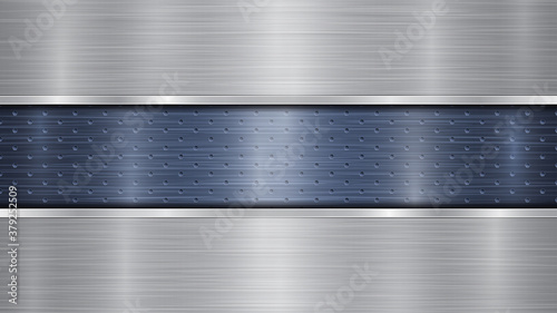 Background of blue perforated metallic surface with holes and two horizontal silver polished plates with a metal texture, glares and shiny edges