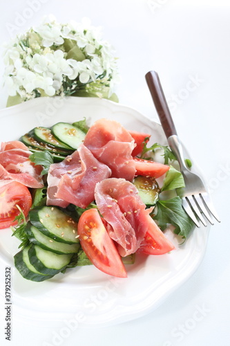 homemade tomato and cucumber with ham salad