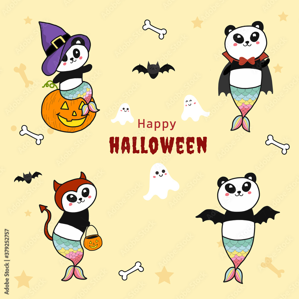 cute panda mermaid.costume cartoon hand drawn with pastel color background.Happy Halloween.