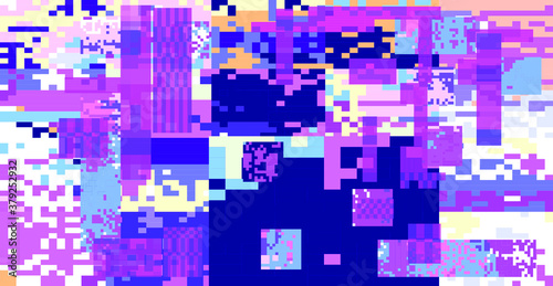 Glitch datamoshing camera effect. Retro VHS pink background like in old video tape rewind or no signal TV screen. Vaporwave and retrowave style vector illustration.