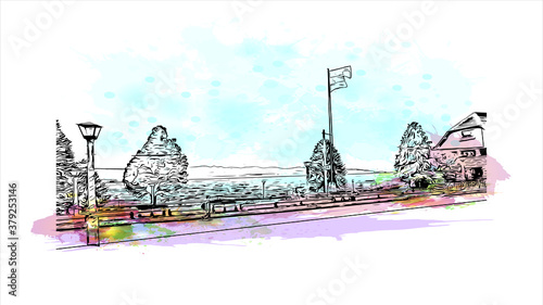 Building view with landmark of San Carlos de Bariloche is a town in Argentina. Watercolor splash with hand drawn sketch illustration in vector.