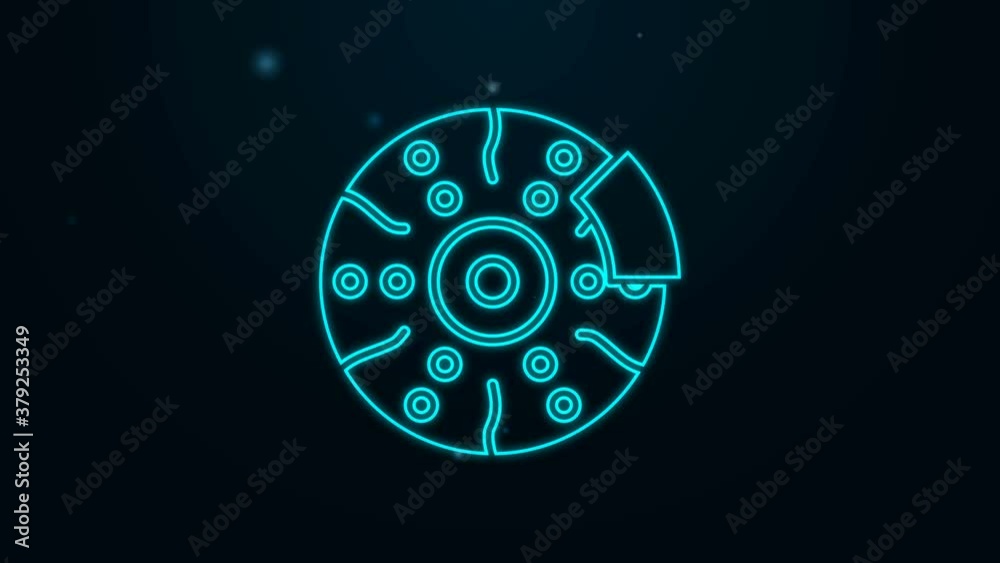 Glowing neon line Car brake disk with caliper icon isolated on black background. 4K Video motion graphic animation