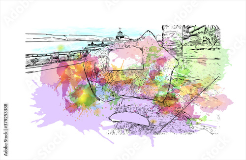 Building view with landmark of San Carlos de Bariloche is a town in Argentina. Watercolor splash with hand drawn sketch illustration in vector.