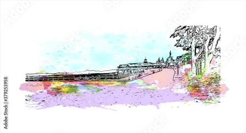 Building view with landmark of San Carlos de Bariloche is a town in Argentina. Watercolor splash with hand drawn sketch illustration in vector.