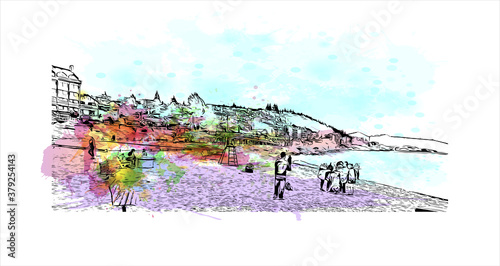 Building view with landmark of San Carlos de Bariloche is a town in Argentina. Watercolor splash with hand drawn sketch illustration in vector.