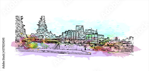 Building view with landmark of San Carlos de Bariloche is a town in Argentina. Watercolor splash with hand drawn sketch illustration in vector.