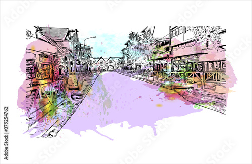 Building view with landmark of San Carlos de Bariloche is a town in Argentina. Watercolor splash with hand drawn sketch illustration in vector.