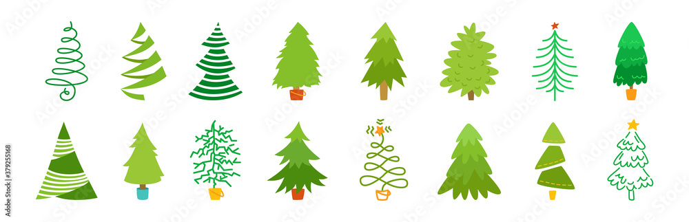 Collection Christmas tree. Hand drawing green xmas trees cartoon set. New Year traditional modern design. Stylized symbol for holiday flat vector illustration on white background