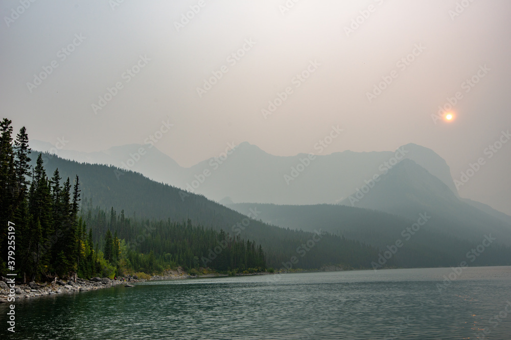 Mountains in forest fire haze Kananaskis, Alberta, Canada