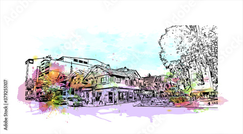 Building view with landmark of San Carlos de Bariloche is a town in Argentina. Watercolor splash with hand drawn sketch illustration in vector.