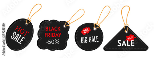 Black Friday sale tag template set. Triangular, round shapes. Big sale, special offer. Advertising price stickers banner, promotion price collection. Super discount. Isolated vector illustration