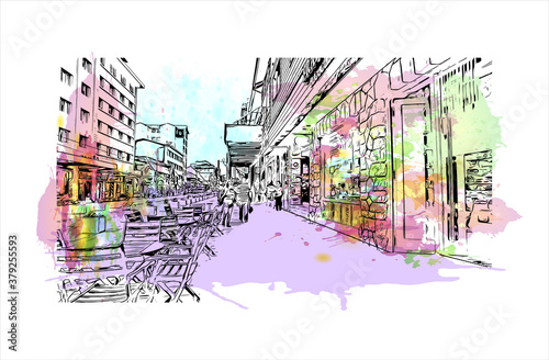 Building view with landmark of San Carlos de Bariloche is a town in Argentina. Watercolor splash with hand drawn sketch illustration in vector.