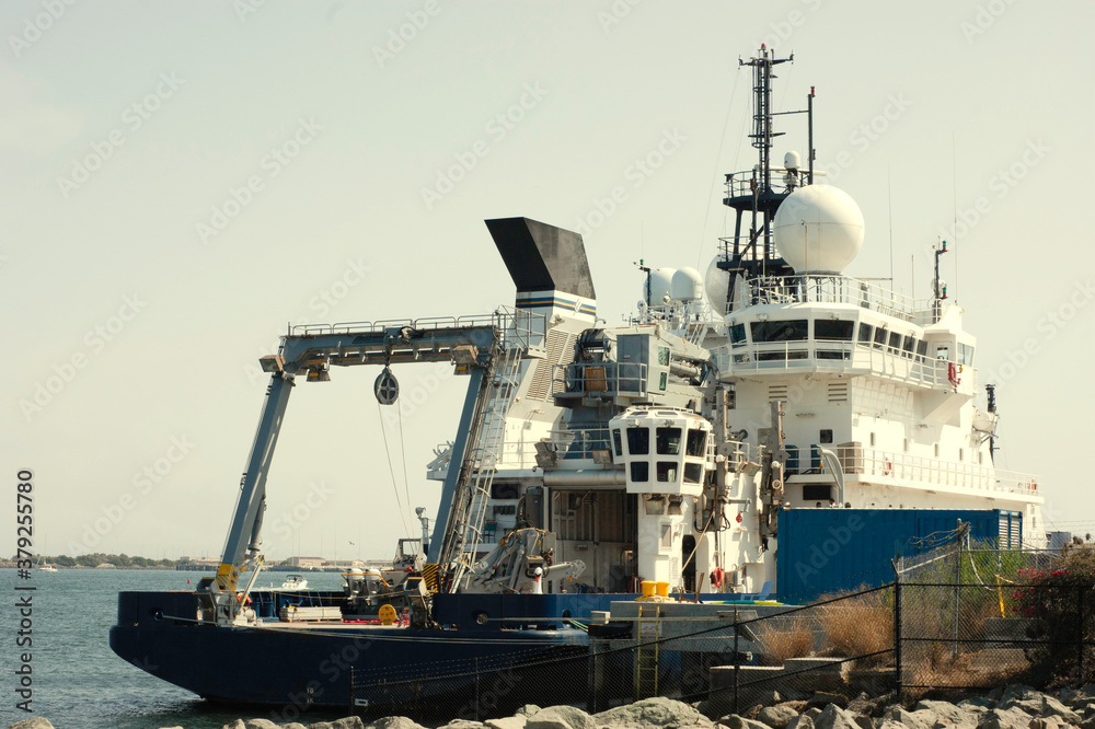 Sally Ride research vessel was built in 2016 and is viewed in its home port, Point Loma in San Diego Bay in California. It uses hydrogen energy clean fuel cells and is owned by the United States Navy.
