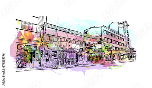 Building view with landmark of San Carlos de Bariloche is a town in Argentina. Watercolor splash with hand drawn sketch illustration in vector.