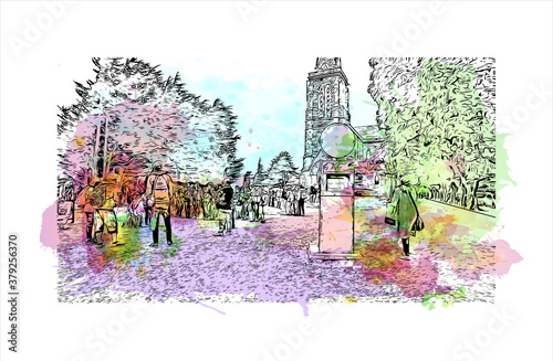 Building view with landmark of San Carlos de Bariloche is a town in Argentina. Watercolor splash with hand drawn sketch illustration in vector.