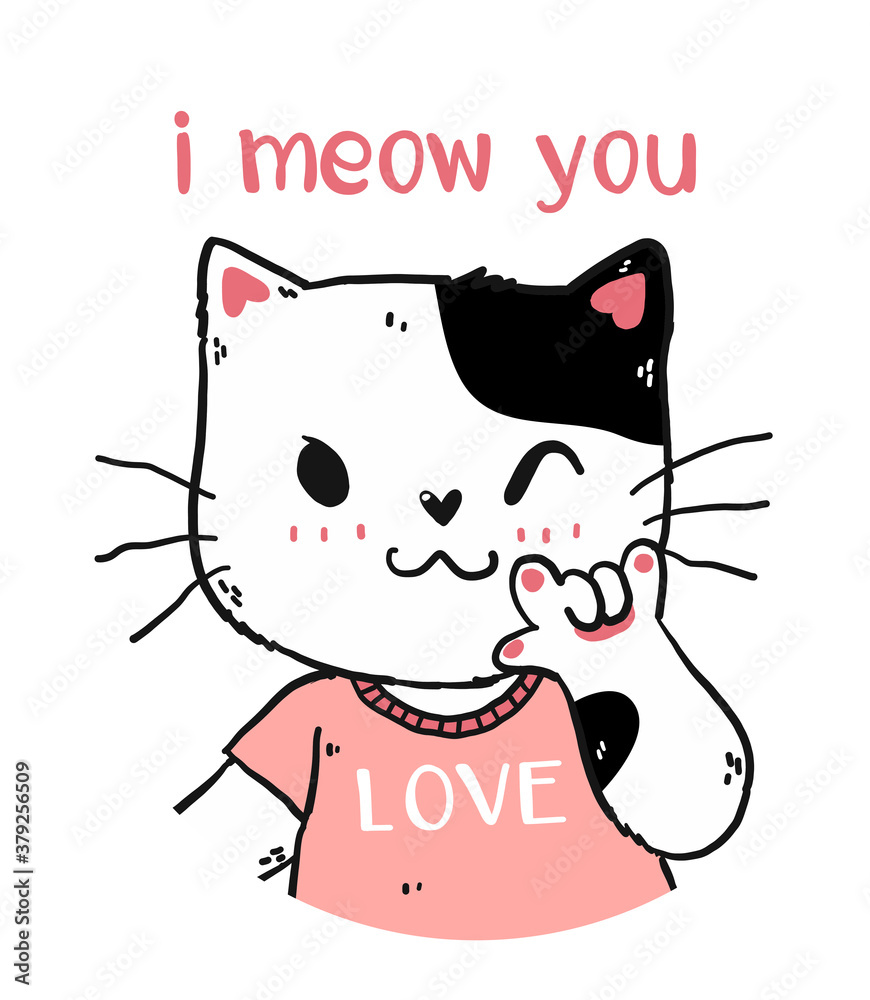 cute happy white and pink cat i meow you with love you hand gesture signage  portrait half body doodle cartoon flat vector for nuresery art, greeting  card, t shirt, sticker, printable Stock
