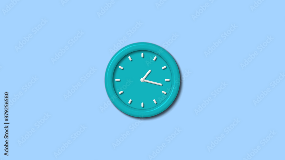 Cyan color 12 hours 3d wall clock isolated on aqua light background Cyan color 12 hours 3d wall clock isolated on aqua light background