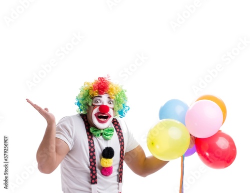 Funny clown with balloons isolated on white background