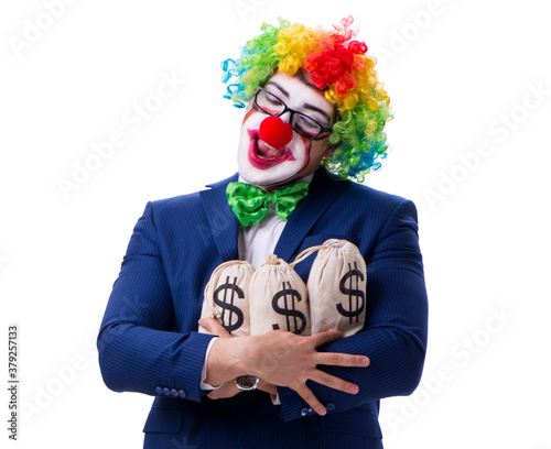 Funny clown businessman with money sacks bags isolated on white